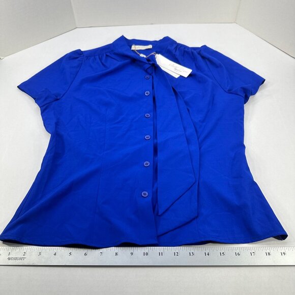 Belle Poque Women's Size Medium Blouse Short Sleeve Button Up Blue New With Tags - Picture 11 of 14